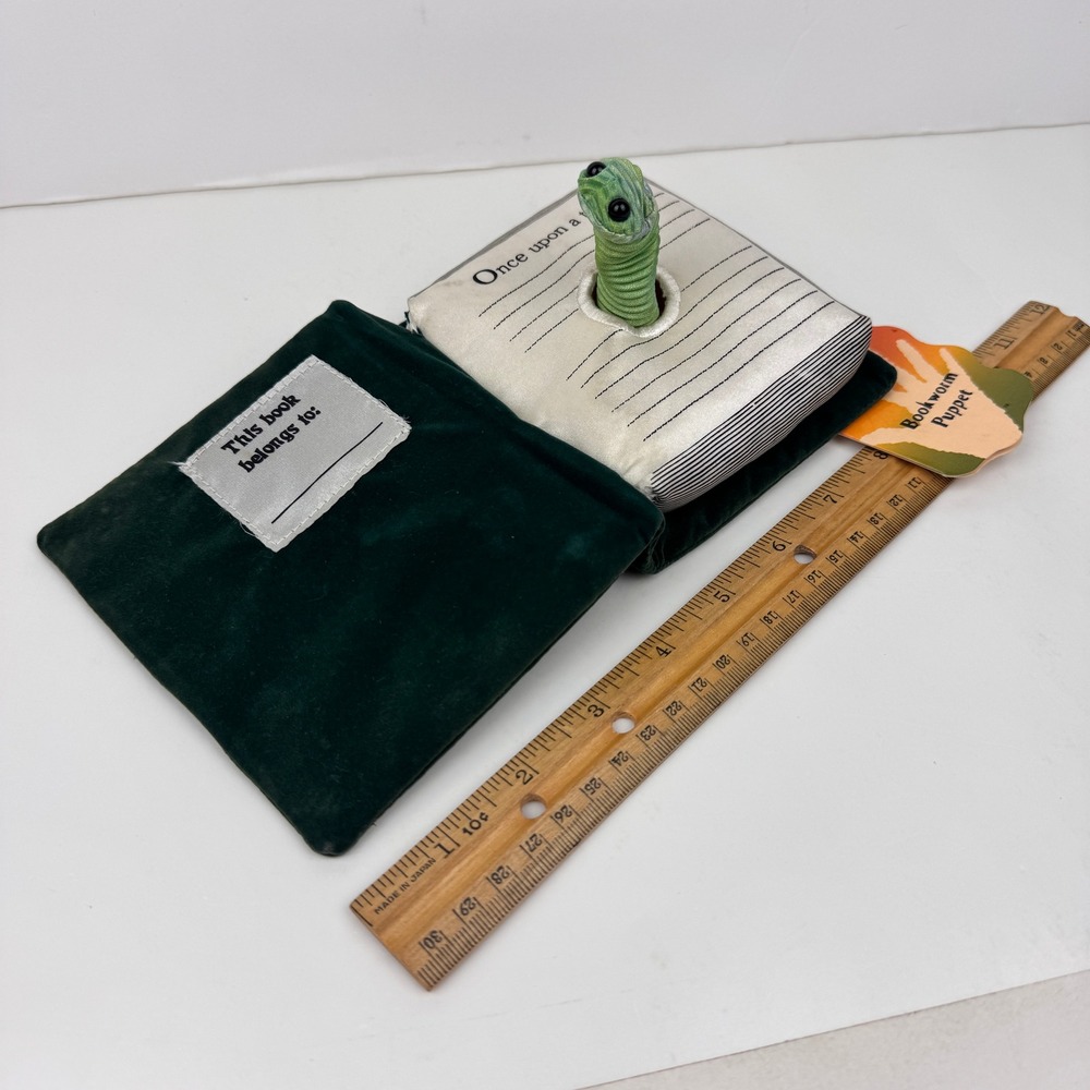 Rare Folkmanis Small Bookworm Worm Puppet Coming out of Green Book READ
